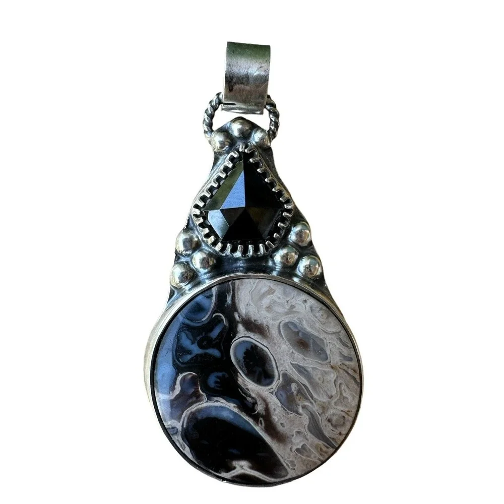 Cheri Rossman Pendant 1.75 Inch Petrified Palm Root Onyx 925 Sterling 11.2g‎ USA